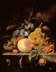 Still Life of Fruit and Nuts on a Stone Ledge